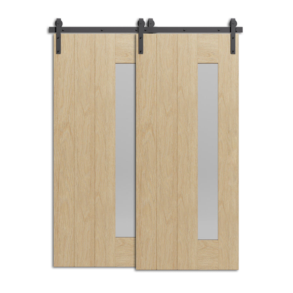 Ockpolis - Glass Panel Design Bypass Double Sliding Wooden Barn Door